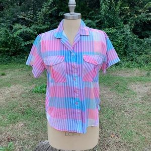 Short Sleeve Stripe and Plaid Button-Up